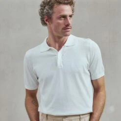 Polo Classique En Maille Écru(Ecru Classic Knitted Polo Shirt) -Rivieras Boutique rivieras clothes polo beige PORTOVECCHIO CL06